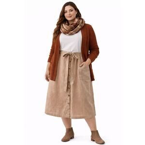 Womens Beige Linen Button Front Midi Skirt Tie Waist Pockets Size Small